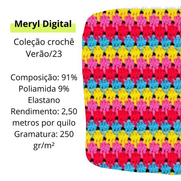Coleção meryl estampado digital com estampa crochê verão 2023. Loja Adamá Tecidos Moda praia a e fitness.